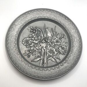 Vtg Pewter Floral Flowers Image Wall Hanging Plate Wall Art Decor Italy 7.5”